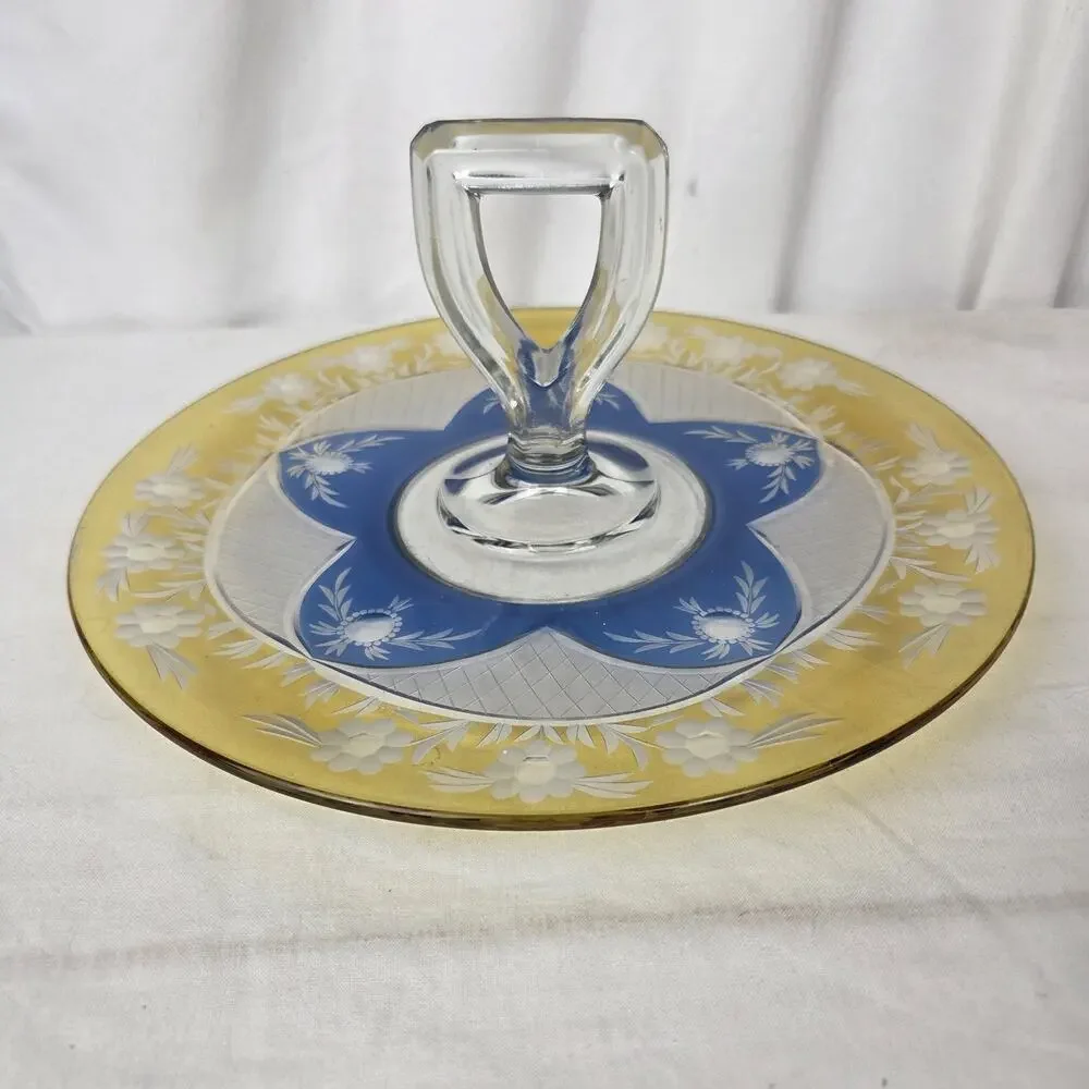 Vintage Westmoreland Crystal Blue Yellow Floral Cut Glass Sandwich Tray Dessert